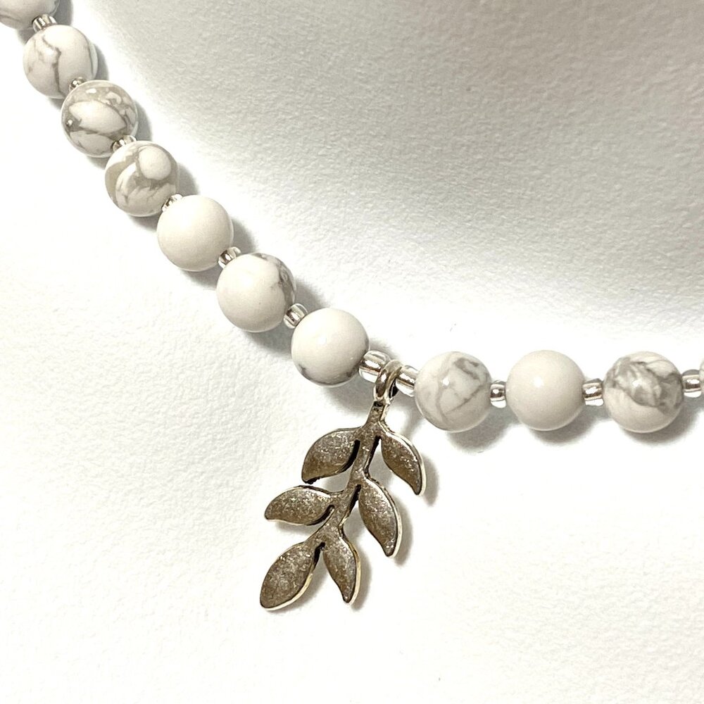 White Magnesite Silver Leaf Branch Necklace, Genuine Gemstone Beaded Chocker
